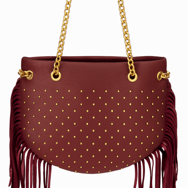 BOLSO CON TACHAS Y FLECOS BURDEOS