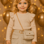 VESTIDO COMBINADO NIÑA CON BOLSO BEIG